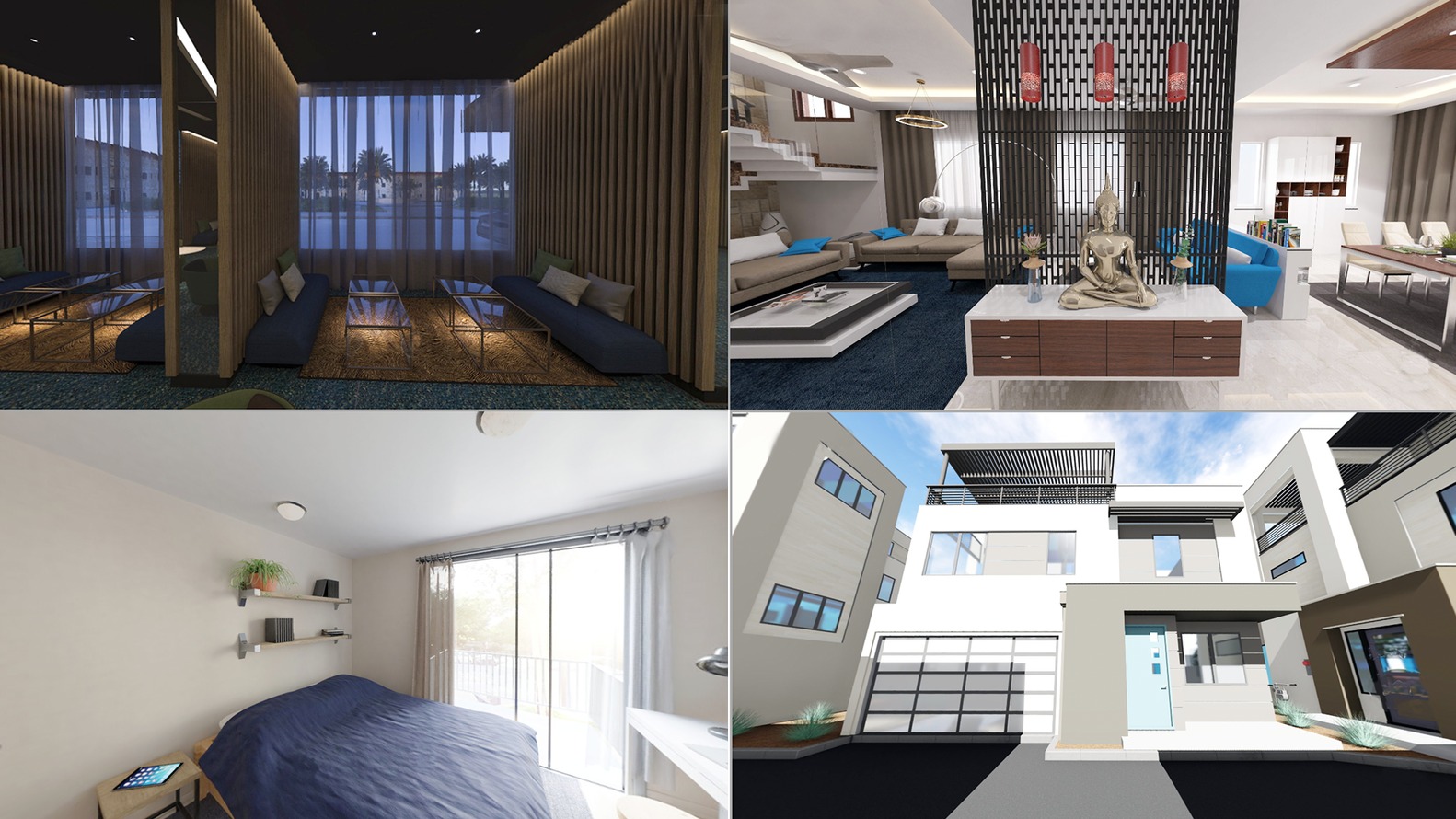 Colage de modelos 3d de interior y exterios de un proyecto de casa habitación, destacable por sus colores y texturas, asi como iluminación